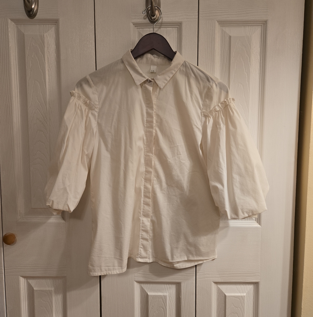 Cream Puff-Sleeve Button-Up Top